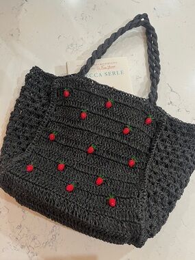 World Market Black Straw Tote Bag with Red Strawberry Beaded Motif